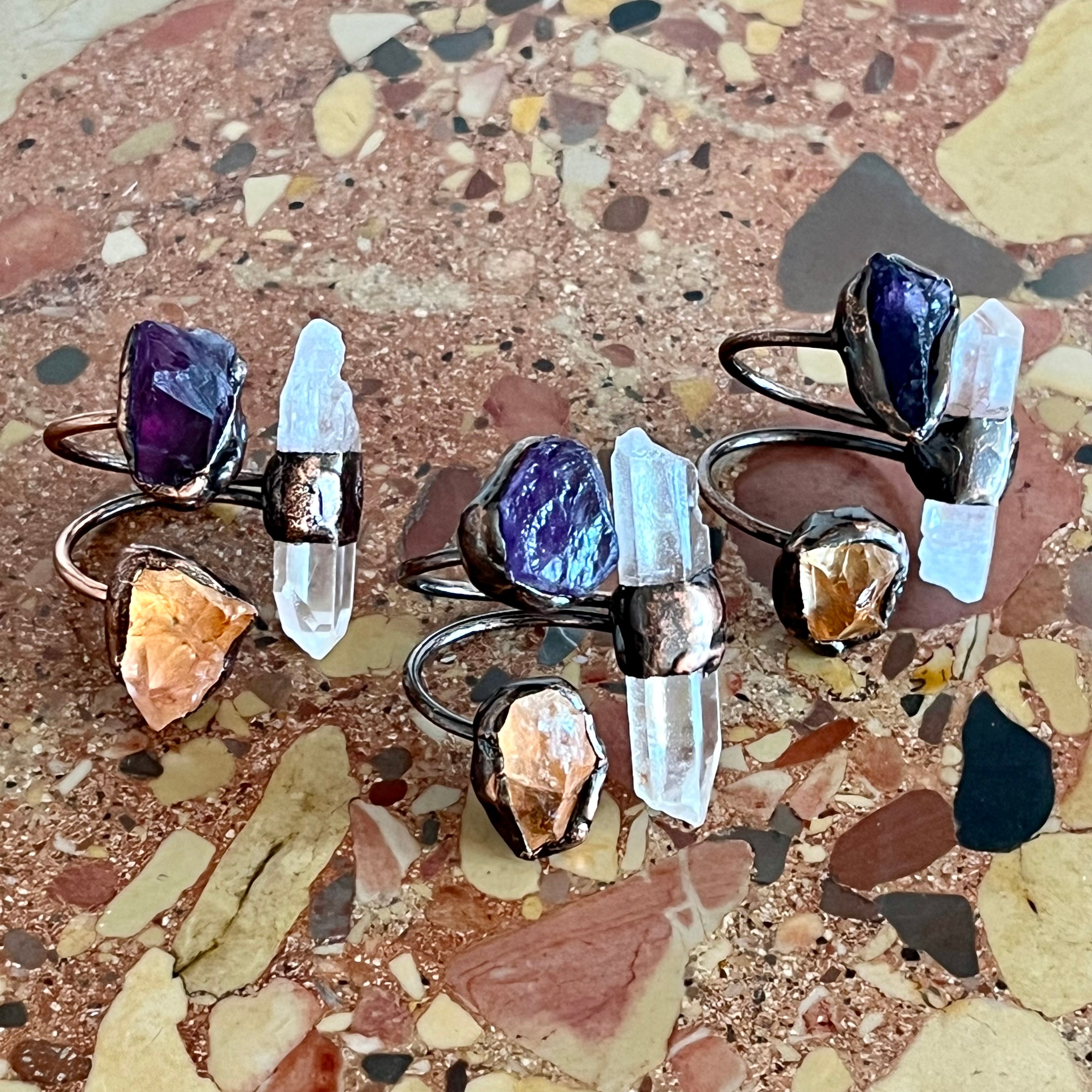 Triple midi ring amethyst citrine rock crystal