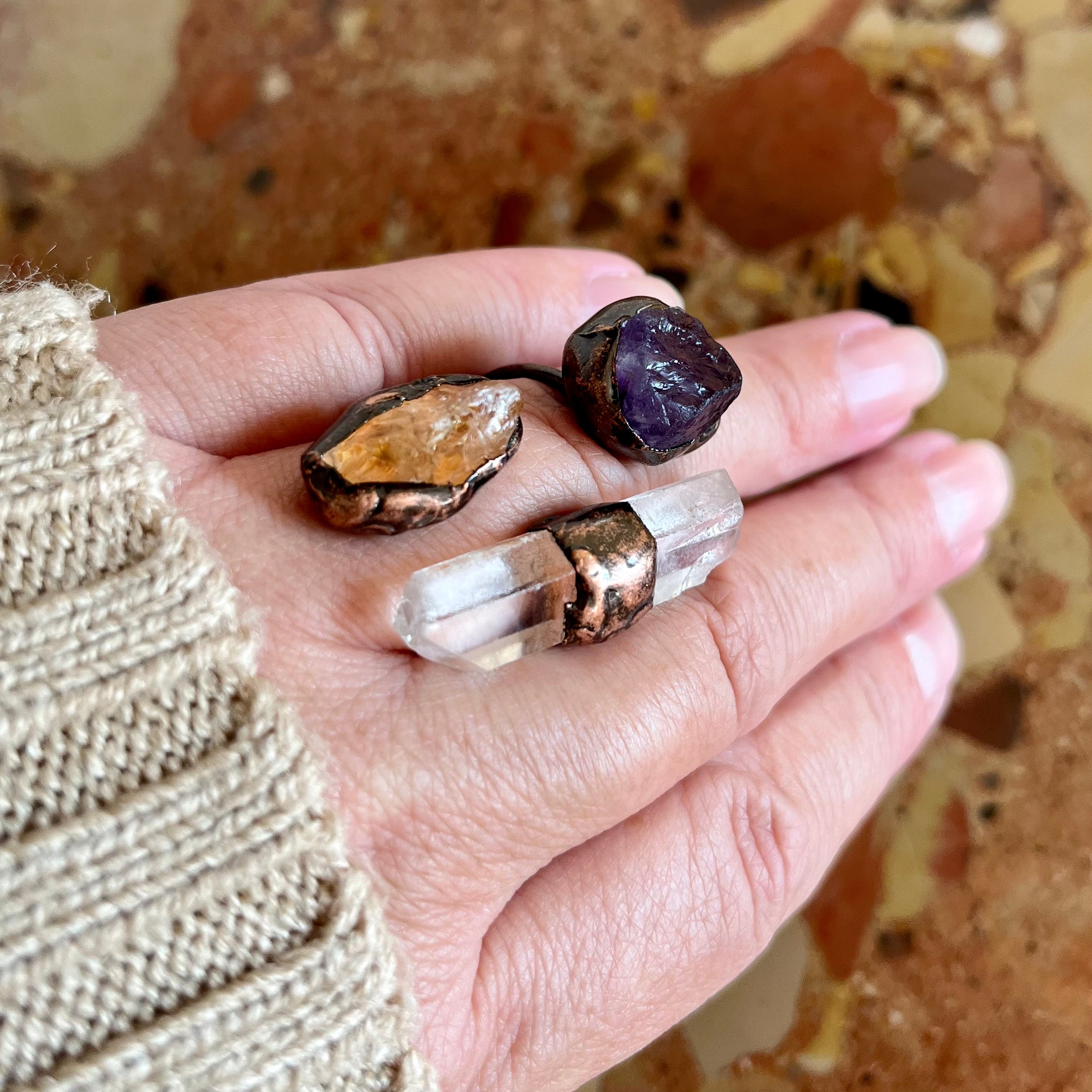 Triple midi ring amethyst citrine rock crystal