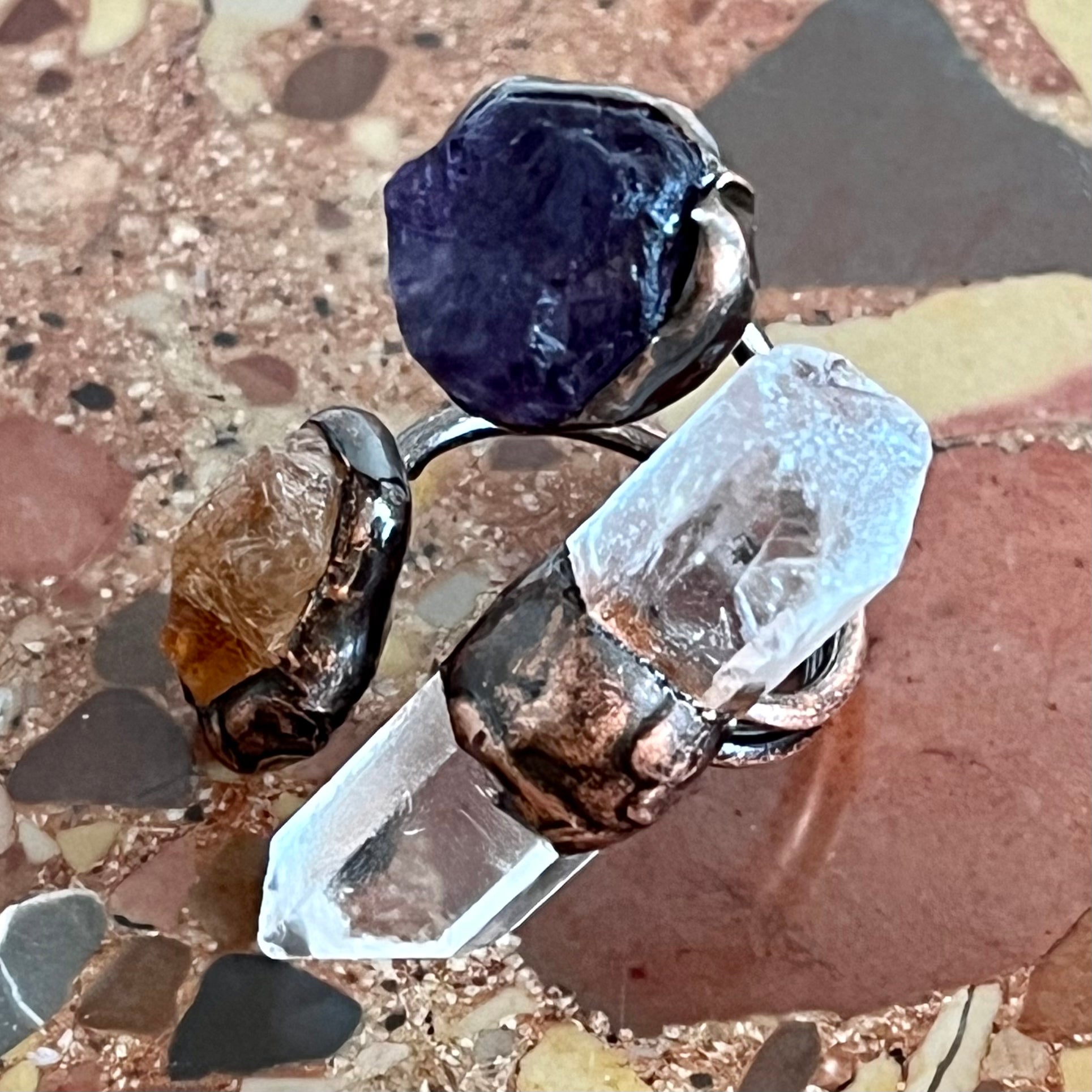 Triple midi ring amethyst citrine rock crystal