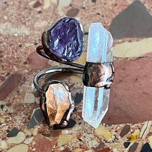 Triple midi ring amethyst citrine rock crystal